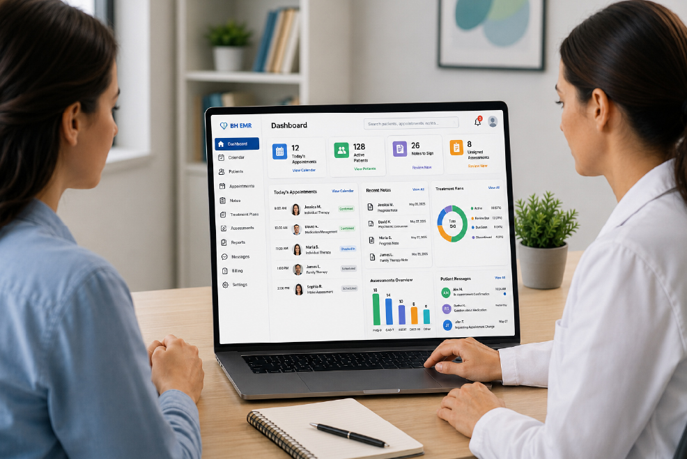 Provider using behavioral health EMR software to manage patient records, treatment plans, and clinical documentation